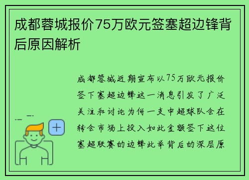 成都蓉城报价75万欧元签塞超边锋背后原因解析 成都蓉城报价75万欧元签塞超边锋背后原因解析