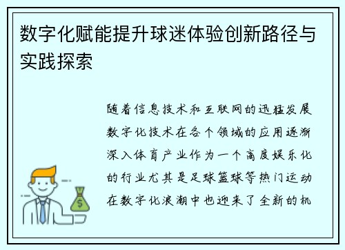 数字化赋能提升球迷体验创新路径与实践探索 数字化赋能提升球迷体验创新路径与实践探索