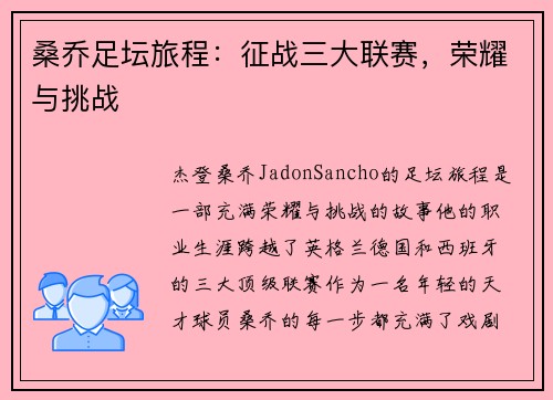 桑乔足坛旅程:征战三大联赛,荣耀与挑战 桑乔足坛旅程:征战三大联赛,荣耀与挑战