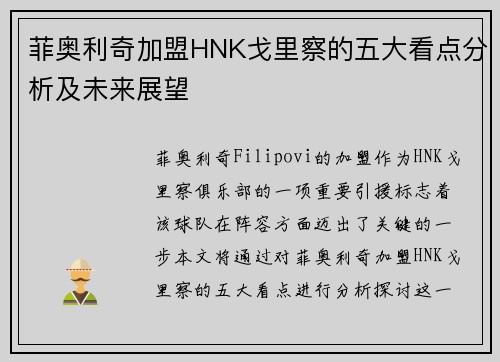 菲奥利奇加盟HNK戈里察的五大看点分析及未来展望 菲奥利奇加盟HNK戈里察的五大看点分析及未来展望