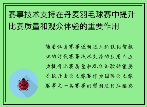 赛事技术支持在丹麦羽毛球赛中提升比赛质量和观众体验的重要作用